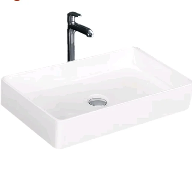 KrissKross Countertop Ceramic Wash Basin, Rectangular Vessel Sink, Above-Counter Mount, Single-Tap Compatible, Gloss White, Easy-Clean, Table Top Washbasin