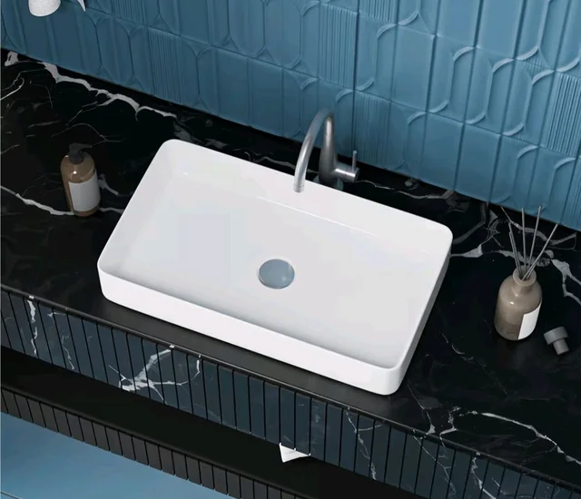 META Premium Rectangular Wash Basin | Contemporary Table Top Ceramic Sink for Bathroom | Sleek Glossy Finish | Modern Sanitary Ware for Home & Office (24x14x5 Inch)