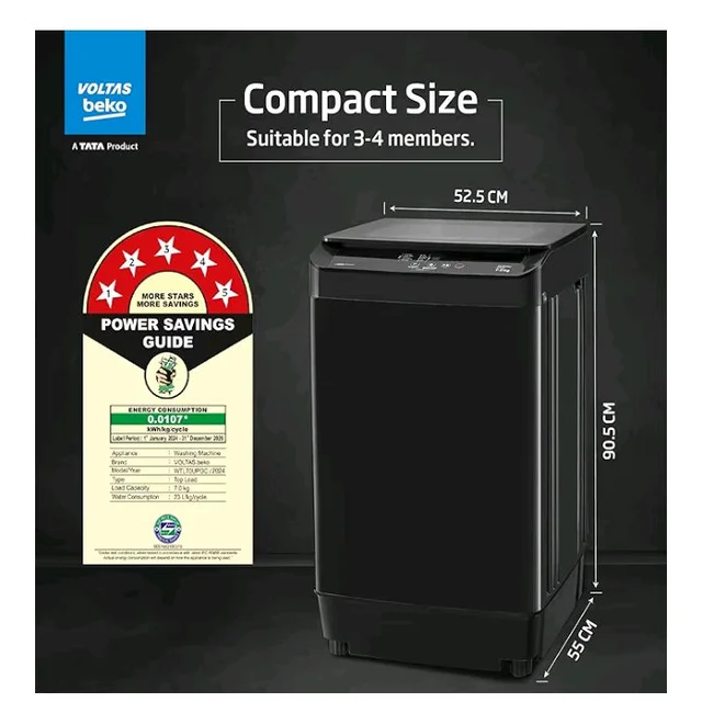 Voltas Beko, Top Load 7 Kg 5 Star Eco Wash/Monsoon Dry Fully-Automatic Washing Machine (WTL70, Water Reuse, Side Waterfall, Mansoon Dry, Dark Grey)
100+ bought in past month