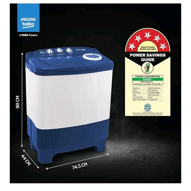 Voltas Beko, A Tata Product 6.5 Kg 5 Star Semi-Automatic Top Loading Washing Machine (WTT65UNX/OK3I0I0W01, Blue, Pulsator wash technology)