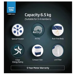 Voltas Beko, A Tata Product 6.5 Kg 5 Star Semi-Automatic Top Loading Washing Machine (WTT65UNX/OK3I0I0W01, Blue, Pulsator wash technology)