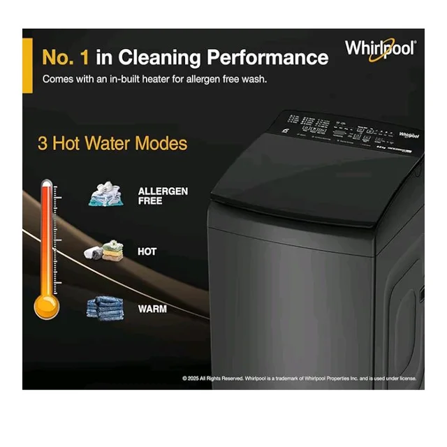Whirlpool 9 Kg 5 Star MAGIC CLEAN BW PRO Heater Fully Automatic Top Load Washing Machine (MAGIC CLEAN PRO BW H 9 KG Mn GREY 10YMW with In-Built Heater, 2025)