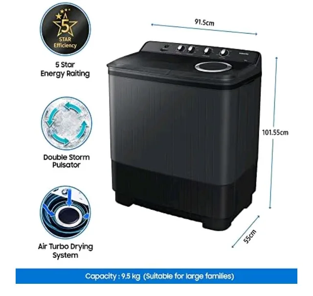 Samsung 9.5 Kg, 5 Star, Semi-Automatic Top Load Washing Machine (WT95A4260GD/TL, Air Turbo Drying, Dark Gray, 5 Year Warranty on Wash Motor)