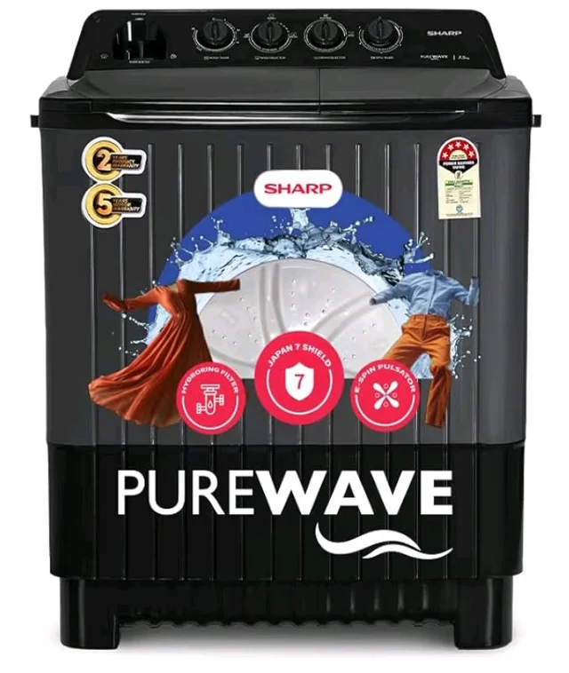 SHARP 7.5 kg, 5 star Rating with E-Spin Pulsator,Semi-Automatic Top Loading Washing Machine, 1300 RPM (ES-SD75NB-TS, Steel Grey, Pure Wave)