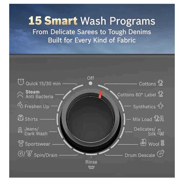 Bosch 7 kg 5 Star Front Load Fully-Automatic Washing Machine, AI ActiveWater, 15 Wash Programs, Removes 99.9% Germs with Steam, No Tangle or Wrinkle, SoftCare Paddle, Black, WAJ24209IN
100+ bought in past month