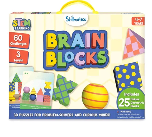 Skillmatics Brain Blocks, 3D Early STEM Building Blocks Game for Kids
Shapes, Balance & Pattern Play, 3 Levels of Challenge Cards, Screen-Free Learning Toy, Gift for Boys & Girls Ages 4, 5, 6, 7