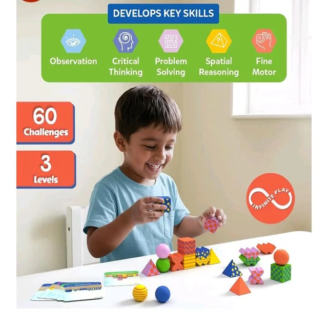 Skillmatics Brain Blocks, 3D Early STEM Building Blocks Game for Kids
Shapes, Balance & Pattern Play, 3 Levels of Challenge Cards, Screen-Free Learning Toy, Gift for Boys & Girls Ages 4, 5, 6, 7