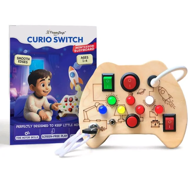 Curio Switch Busy Board for Toddlers 1-3 | Montessori Busy Board with 7 Switches & LEDs | Toys for 1 + Year Boys & Girls | Brain Development Educational Learning Toy