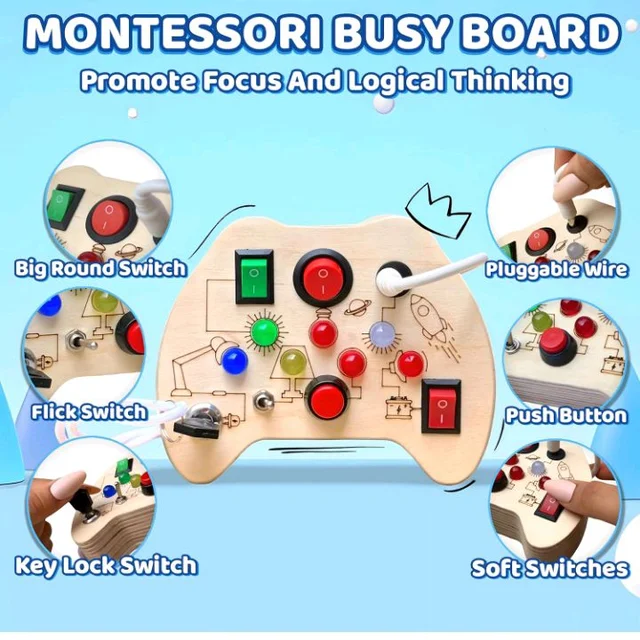 Curio Switch Busy Board for Toddlers 1-3 | Montessori Busy Board with 7 Switches & LEDs | Toys for 1 + Year Boys & Girls | Brain Development Educational Learning Toy