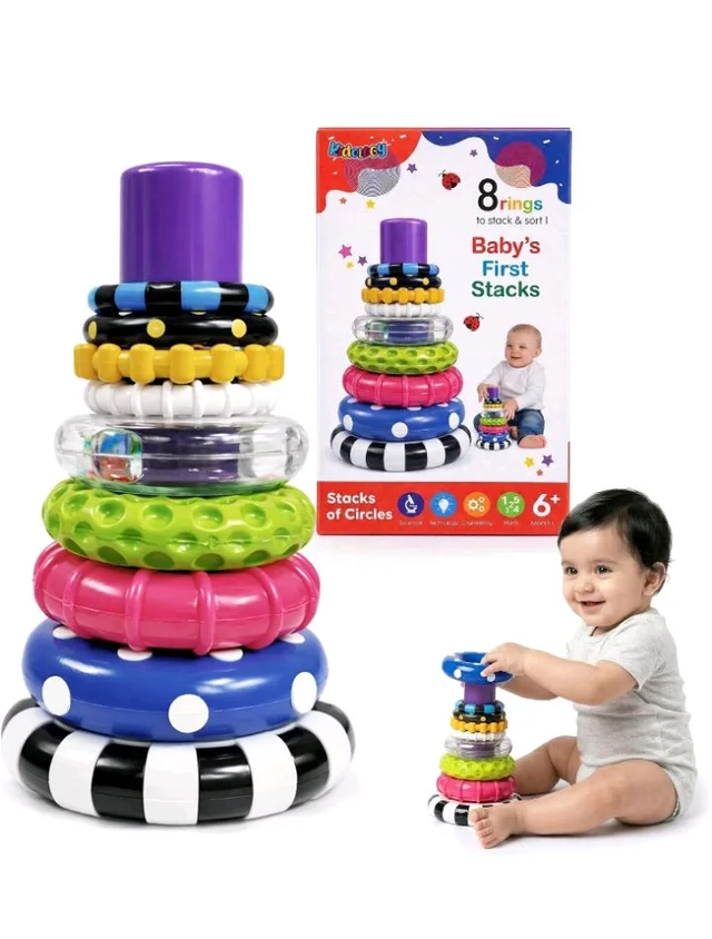 Kidology Ring Stacker Baby Toy for 6+ Month Old Baby | Sensory Stacking Rings with Rattle for Brain Development | Montessori Cognitive Toy for Kids 6-12 Months | Motor Skill STEM Gift Boys & Girls