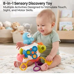 Montessori 8-in-1 Baby Activity Cube Toy for Kids| Sensory Learning & Motor Skill Development Toy | Spinner, Pull String & Rotating Astronaut | Hanging Travel Toy for Babies & Toddlers