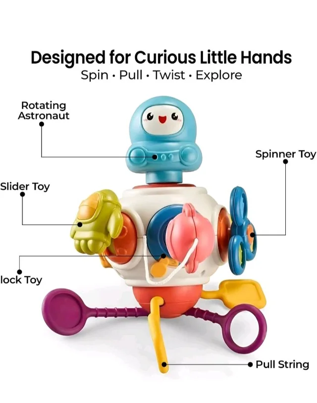 Montessori 8-in-1 Baby Activity Cube Toy for Kids| Sensory Learning & Motor Skill Development Toy | Spinner, Pull String & Rotating Astronaut | Hanging Travel Toy for Babies & Toddlers