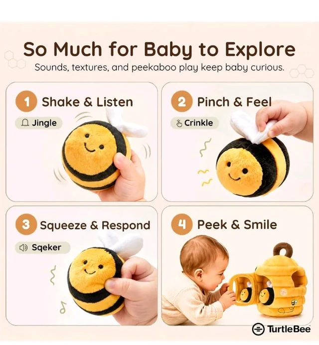 TurtleBee Honey Bee Toy, Baby Toys for 6 to 12 Months, Soft Beehive for 1 Year Old with Plush Bumble Bees, Crinkle, Rattle & Mirror, Sensory Play for Toddlers, Birthday Gift for 1, 2, 3 Yrs Old