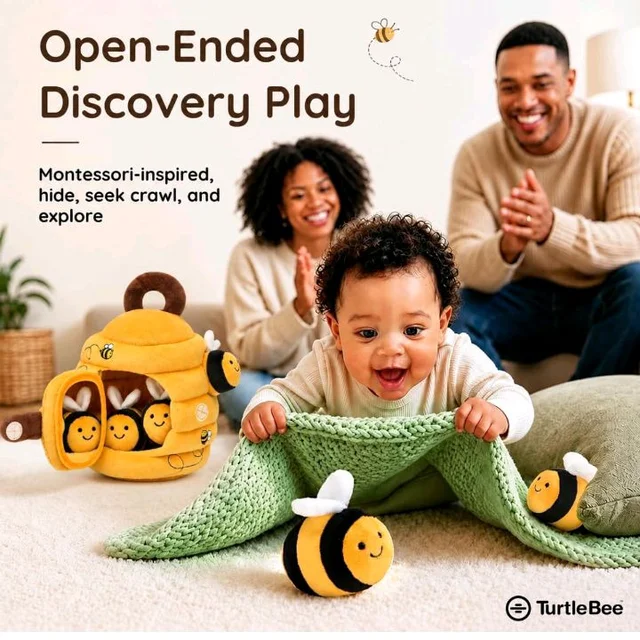 TurtleBee Honey Bee Toy, Baby Toys for 6 to 12 Months, Soft Beehive for 1 Year Old with Plush Bumble Bees, Crinkle, Rattle & Mirror, Sensory Play for Toddlers, Birthday Gift for 1, 2, 3 Yrs Old