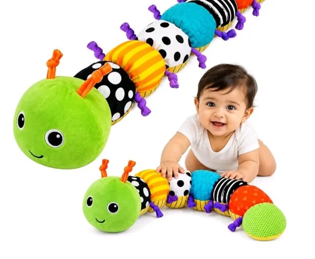 Jinglers Musical Caterpillar Infant Toy for 6 to 12 Months,
Inbuilt Crinkle, Rattle, Squeaker & Height Measurement, Fine Motor Skills Development, Soft Sensory Plush Newborn Gift, 70cm