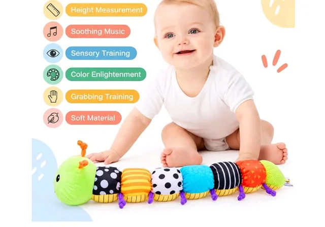 Jinglers Musical Caterpillar Infant Toy for 6 to 12 Months,
Inbuilt Crinkle, Rattle, Squeaker & Height Measurement, Fine Motor Skills Development, Soft Sensory Plush Newborn Gift, 70cm