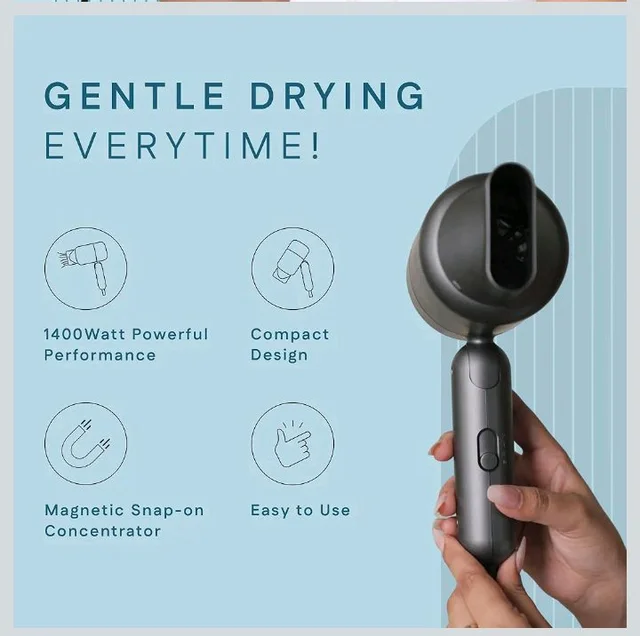 WINSTON Ionic Foldable Hair Dryer - 1400W | Compact, Foldable, and Damage-Free Drying Blow Dryer with Low Noise & Overheat Protection - 1 Year Warranty (Grey)