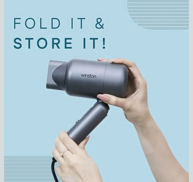 WINSTON Ionic Foldable Hair Dryer - 1400W | Compact, Foldable, and Damage-Free Drying Blow Dryer with Low Noise & Overheat Protection - 1 Year Warranty (Grey)