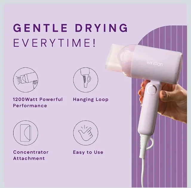 WINSTON Ionic Foldable Hair Dryer - 1200W | Compact, Foldable, and Damage-Free Drying Blow Dryer with Low Noise & Overheat Protection - 1 Year Warranty