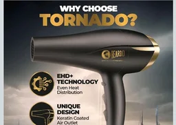 BEARDO Studio Professional Tornado Hair Dryer With 2000 Watts Power|Ac Motor, Concentrator, Diffuser, 2 Speeds, 3 Temperature Settings & Cool Shot Feature|For Professional Drying Experience|Black
