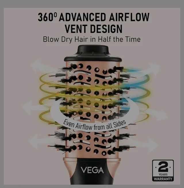 VEGA Litstyle L3 Volumizer Hair Blow Dryer Brush With 3 Heat/2 Speed Settings, 360° Airflow Vent, 3 in 1 Compact Hot Air Brush For Women, Tourmaline Ceramic Coated Barrel, 500 Watts, (VHSD-03)