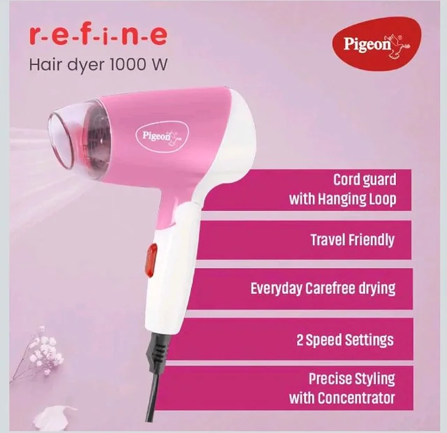 Pigeon Hair Dryer| 1000 Watts| 2 Speed & Temperature (Hot/Cool)| Foldable Handle| For Women and Men| 2 Years Warranty| Pink