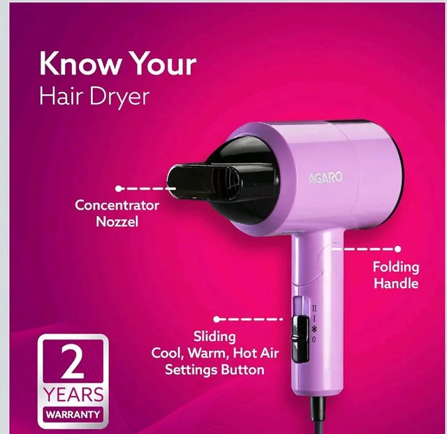 AGARO Premium Hair Dryer with 1400 Watts Motor, 3 Temperature Settings & Cool Shot Button- Black HD-1214
