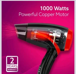 AGARO Hair Dryer with 1000 Watts Copper Motor, 2 Speed & Temperature Settings,Foldable Handle, For both Men & Women, Black & Red HD1177