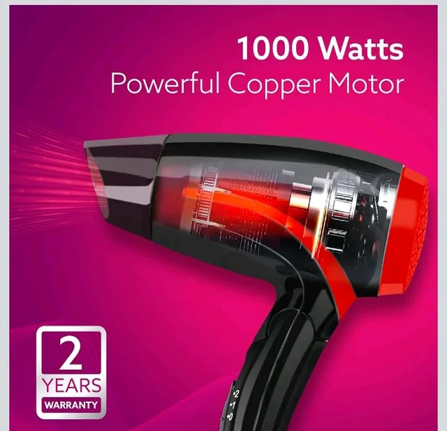 AGARO Hair Dryer with 1000 Watts Copper Motor, 2 Speed & Temperature Settings,Foldable Handle, For both Men & Women, Black & Red HD1177