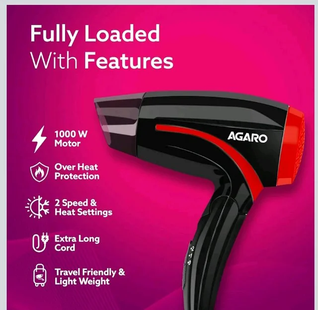 AGARO Hair Dryer with 1000 Watts Copper Motor, 2 Speed & Temperature Settings,Foldable Handle, For both Men & Women, Black & Red HD1177