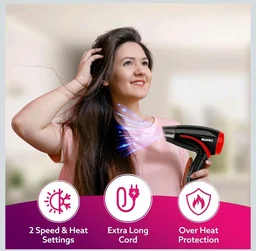AGARO Hair Dryer with 1000 Watts Copper Motor, 2 Speed & Temperature Settings,Foldable Handle, For both Men & Women, Black & Red HD1177