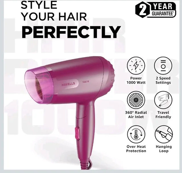 Havells 1000W Foldable Hair Dryer|Blow Dry for Men & Women|2 Temperature Settings|Travel Friendly|360° Radial Inlet| ThermoProtect Feature| HD1845