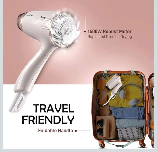 Ikonic Travel Express Foldable Hair Dryer Adustable Two Speed Setting Fast Drying 1400Watt, Compact Design Travel Friendly, All Hair Type, For Men & Women,