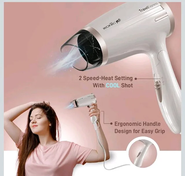 Ikonic Travel Express Foldable Hair Dryer Adustable Two Speed Setting Fast Drying 1400Watt, Compact Design Travel Friendly, All Hair Type, For Men & Women,