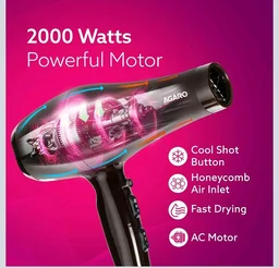 AGARO 2000W AC Professional Hair Dryer with Comb, Concentrator & Diffuser Nozzles, Hot & Cold Air, 16A Plug, 2 Speed & 3 Temperature Settings, Cool Shot, Hair Dryer & Blower for Men & Women HD-1120