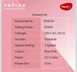 Pigeon Hair Dryer| 1200 Watts| 3 Speed & Temperature With Cool Shot (Hot/Cool/Warm)| Foldable Handle| For Women and Men| 2 Years Warranty, Pink