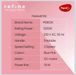 Pigeon Hair Dryer| 1200 Watts| 3 Speed & Temperature With Cool Shot (Hot/Cool/Warm)| Foldable Handle| For Women and Men| 2 Years Warranty, Pink
