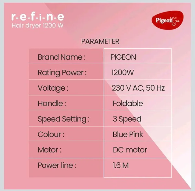 Pigeon Hair Dryer| 1200 Watts| 3 Speed & Temperature With Cool Shot (Hot/Cool/Warm)| Foldable Handle| For Women and Men| 2 Years Warranty, Pink