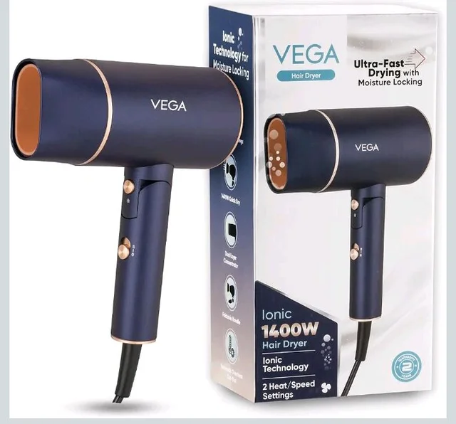 Vega Ionic 1200-1400W Foldable Hair Dryer for Men and Women, Quick & Fast Drying with Ionic Technology & 2 Heat/Speed Settings (Low & High), Cool Shot Button, Detachable Nozzle, Blow Dryer (VHDH-