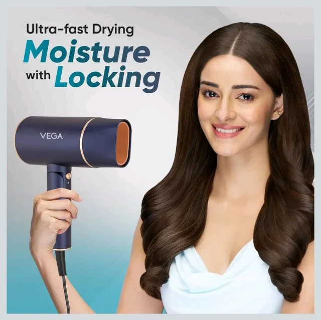 Vega Ionic 1200-1400W Foldable Hair Dryer for Men and Women, Quick & Fast Drying with Ionic Technology & 2 Heat/Speed Settings (Low & High), Cool Shot Button, Detachable Nozzle, Blow Dryer (VHDH-