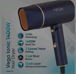 Vega Ionic 1200-1400W Foldable Hair Dryer for Men and Women, Quick & Fast Drying with Ionic Technology & 2 Heat/Speed Settings (Low & High), Cool Shot Button, Detachable Nozzle, Blow Dryer (VHDH-
