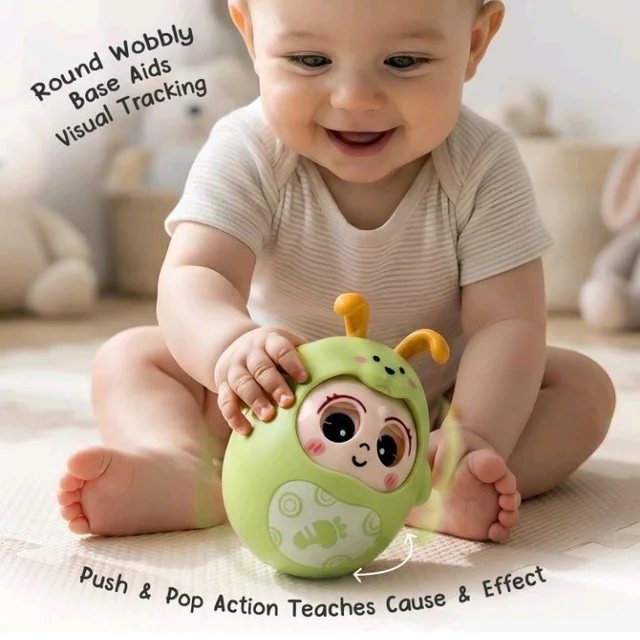 Intellibaby Premium Roly Poly Rabbit Toy for Babies,Push&Shake Tumbler Wobble Doll for Infants,Bell Rattle Sound&Blinking Eyes Rabbit Doll for 8 Months+,Birthday Gift for Toddler,BIS Certified (Green)