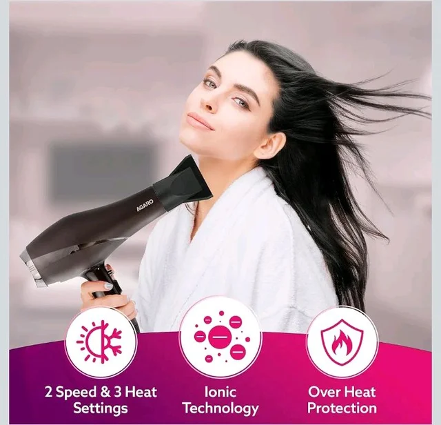 AGARO 2000W AC Professional Hair Dryer with Comb, Concentrator & Diffuser Nozzles, Hot & Cold Air, 16A Plug, 2 Speed & 3 Temperature Settings, Cool Shot, Hair Dryer & Blower for Men &
