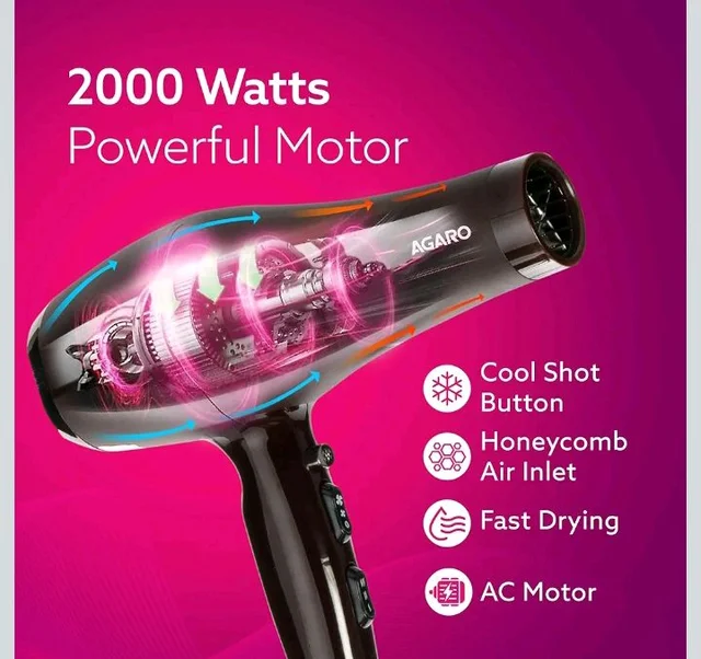 AGARO 2000W AC Professional Hair Dryer with Comb, Concentrator & Diffuser Nozzles, Hot & Cold Air, 16A Plug, 2 Speed & 3 Temperature Settings, Cool Shot, Hair Dryer & Blower for Men &