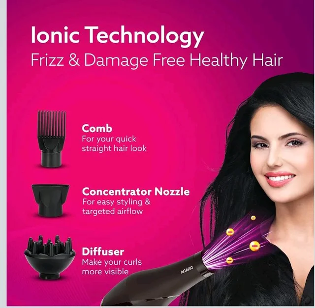 AGARO 2000W AC Professional Hair Dryer with Comb, Concentrator & Diffuser Nozzles, Hot & Cold Air, 16A Plug, 2 Speed & 3 Temperature Settings, Cool Shot, Hair Dryer & Blower for Men &