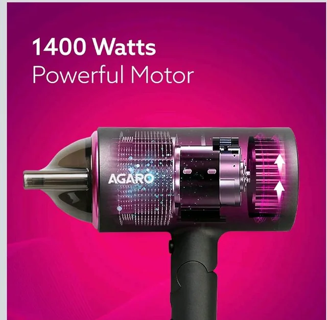 AGARO Premium Hair Dryer with 1400 Watts Motor, 3 Temperature Settings & Cool Shot Button-Black HD-1214