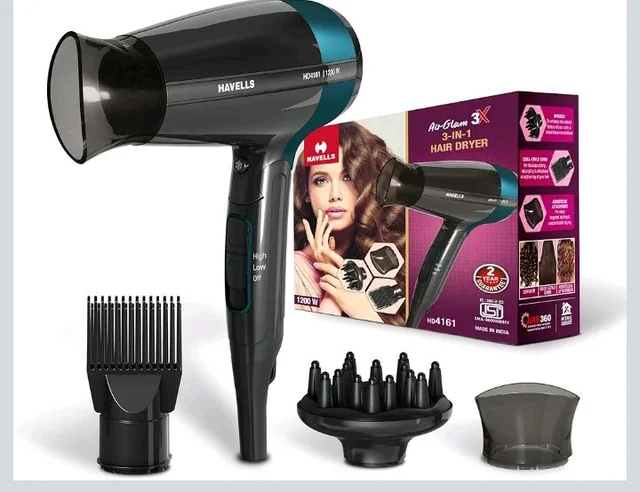 Havells Styling Hair Dryer | Hypersonic Motor | 3 Detachable Attachment| Diffuser, Quill-Style Comb, Aerofocus Nozzle|3 Temperature/2 Speed Settings| Cool Shot| 1200 W |2 years guarantee|HD4161