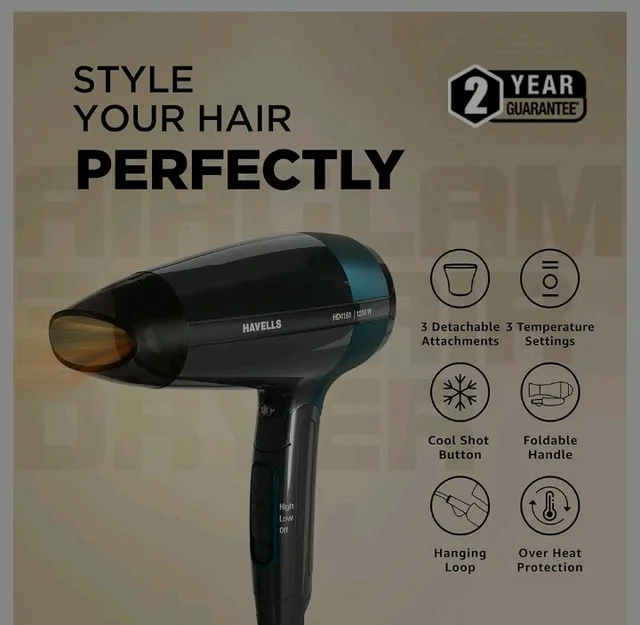 Havells Styling Hair Dryer | Hypersonic Motor | 3 Detachable Attachment| Diffuser, Quill-Style Comb, Aerofocus Nozzle|3 Temperature/2 Speed Settings| Cool Shot| 1200 W |2 years guarantee|HD4161