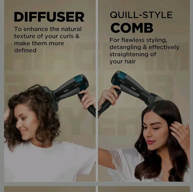 Havells Styling Hair Dryer | Hypersonic Motor | 3 Detachable Attachment| Diffuser, Quill-Style Comb, Aerofocus Nozzle|3 Temperature/2 Speed Settings| Cool Shot| 1200 W |2 years guarantee|HD4161
