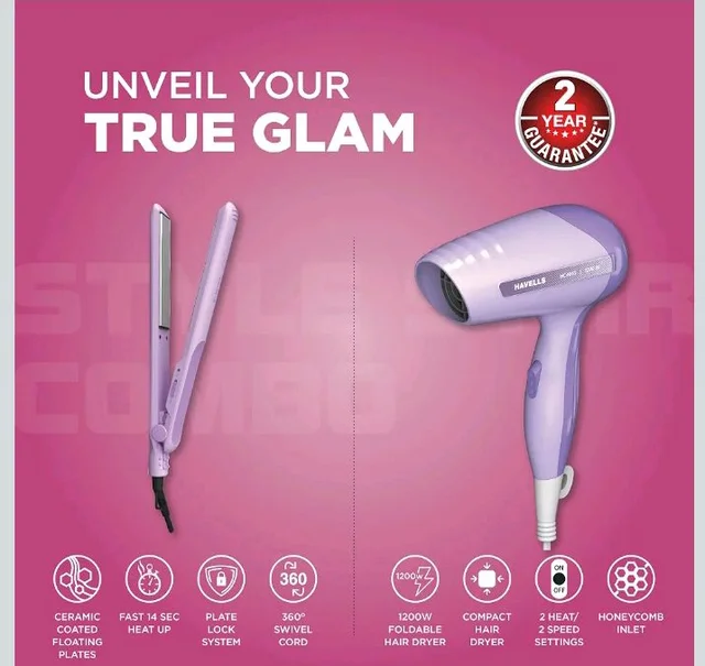 Havells Styling Combo of Hair Dryer & Straightener|1200W Dryer|Floating Plate Straightener|Blow Dry for Men & Women| HC4065
